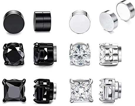 Magnet Ohrringe 6 Paare Zirkon Ohrstecker für Herren Damen Jungen Mädchen - Clip Edelstahl Ohrringe in Schwarz