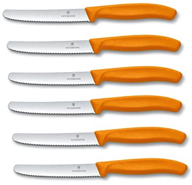 Victorinox | Küchenmesser-Set | 6 Stück Orange | Klingenlänge: 11cm | Extra scharfer Wellenschliff | Tafelmesser mit ergonomischen Griff