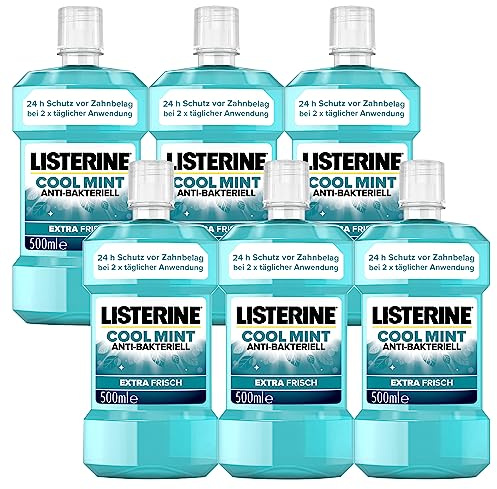 LISTERINE Cool mint 6 x 500 ml, antibakteriell munsköljning med eteriska oljor och mintsmak, munvatten bekämpar effektivt bakterier i munnen, optimalt komplement till daglig tandvård