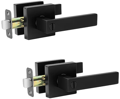 AIKKIL Privacy Door Handle Black Keyless Door Levers Set (2 Pack), Heavy Duty Interior Door Handles Lock for Bedroom or Bathroom, Square Door Knob with Reversible Handle for Left Right Sided Doors