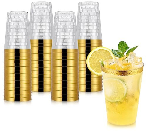 Hejo 60PCS Gold Rimmed Plastic Cups, 360 ml-12oz Plastic Glasses, Plastic Wine Glasses Reusable for Cocktail, Champagne, Beer, Martini, Dessert