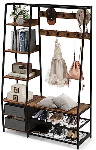 GOPLUS Garderobenständer mit Sitzbank, Kleiderständer mit 6 Ebenen und 9 Haken, Industriegarderobe mit Schubladen, Schuhregal, Dielenbaum Heimorganisator für Eingang & Schlafzimmer