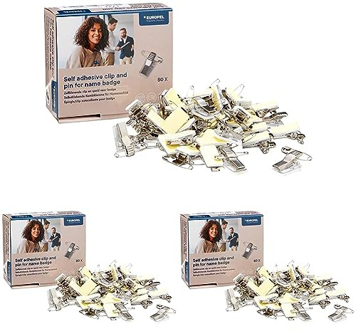 Europel Kombi-Clip für Namensschilder mit Krokodilklemme, Nadel, Selbstklebend Ausweis-Halter Clip für Schule, Hochschulen, Büros & Firmenevent, 23 x 12 mm, 50 Stück (Packung mit 3)