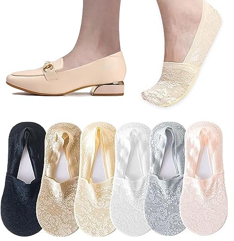 No Show Lace Socks for Women, 6 Pairs Ladies Low Cut Liner Invisible Socks, Non slip Soft Breathable Ankle Socks for Loafers Sneakers Flats Boat Shoes