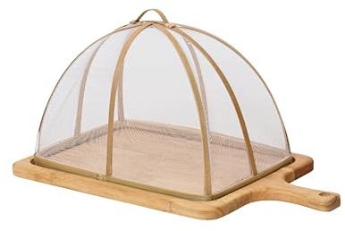 Schneidebrett 34x23cm Holz Akazie rechteckig mit Saftrille & Fliegenhaube - Holzschneidebrett aus Akazienholz mit Abdeckhaube - Käsebrett Brotzeitbrett Küchenbrett - Essbrett Holztablett - Natur Braun