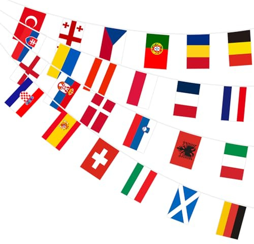 AhfuLife 24Pays Banderole Drapeaux du Monde Bannière Bunting, 2Pcs Guirlande Drapeaux du Monde Double Face en Polyester for Decoration Eurovision Euro Football Match Coupe du Monde, 14×21cm-11m