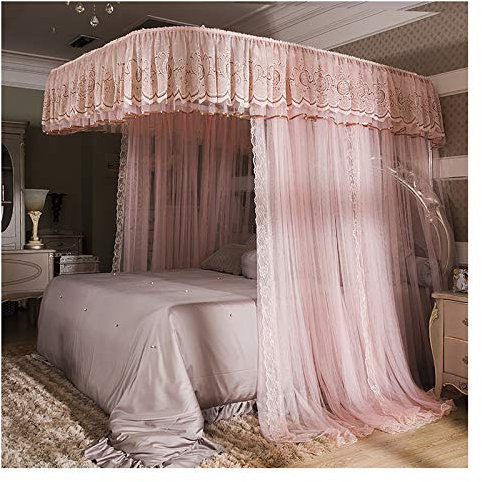 GLFNB Prinzessinnen-Betthimmel für Mädchen, Moskitonetz mit U-förmiger Halterung, Elegante Spitzenbettdekoration, 3 zu öffnende Bettvorhänge, Himmel für Kingsize-Bett und Queensize-Bett