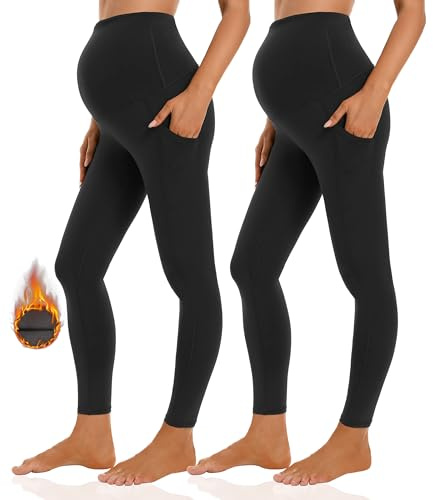 Gowjog 2 Packs Leggings De Maternité en Laine Polaire Taille Haute Opaque Legging Grossesse Elastique avec Poches Maison Yoga Sport (Noir/Noir,M)