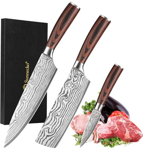 Sunnecko Messerset, Profi Küchenmesser Set 3tlg - Kochmesser set Küche scharfe Messer Set, Ultra Scharfes Kochmesserset mit 20cm Chefmesser, 17cm Hackmesser & 9cm Schälmesser