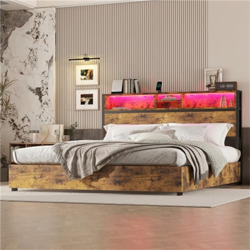 Braunes Plattformbett Mit Hydraulischem Stauraum Und Ablagefächern, Polsterbett Mit Led- Und USB-anschlüssen, Geeignet Für Schlafzimmer Und Gästezimmer(Size:180x200cm)