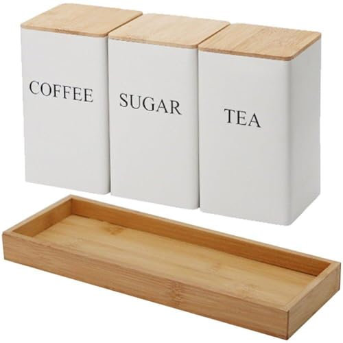 Muteitt Botes De Azúcar para Té, Café, Juego De 3 Botes, Lata De Almacenamiento De Metal para Café, Azúcar Y Té, Tarros De Almacenamiento De Cocina con Tapa Y Bandeja De Bambú