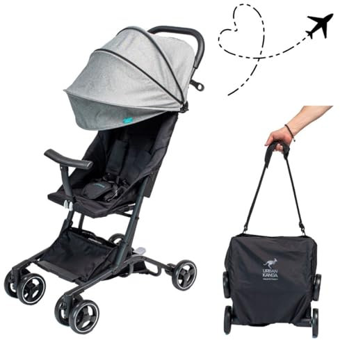 Urban Kanga Bandicoot Reisebuggy Flugzeug Handgepäck – Ultraleichter Buggy bis 25 kg, Klein Zusammenklappbar, Kinderwagen mit Schultergurt & Abdeckung, Kompakt für Reisen & Urlaub (Hellgrau)