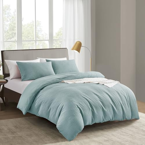 KASYLAN Waffle Microfiber Duvet Cover Set Zipper Closure Double Blue | Waffle weave boosts airflow, handy zipper for quick change, neutral hue fits boho bedroom styles