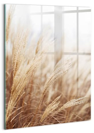 Wallfluent Gehärtetes Glas Dicke 4mm Für die Küche Badezimmer und Schlafzimmer Glasbild 60x80cm Wanddekoration Wandbild Bild Mit Motiv - Natur-Boho-Grasgetreide