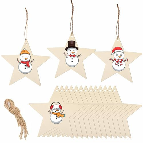 YIEUR Lot de 50 pendentifs en bois de Noël - Étoiles en bois à bricoler - Disques en bois de 8 cm avec ficelle de serrage - Décoration de Noël - Décoration de Noël - Pour décoration de sapin de Noël