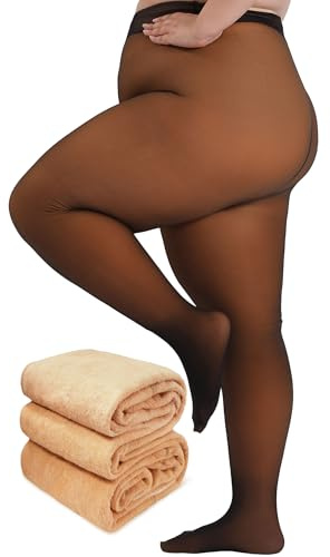 Amzshe överdimensionerade, fleecefodrade strumpbyxor för kvinnor, falska, genomskinliga, varma vinterleggings, kontrolltopp, termostrumpbyxor, honung, 3XL-4XL plus size
