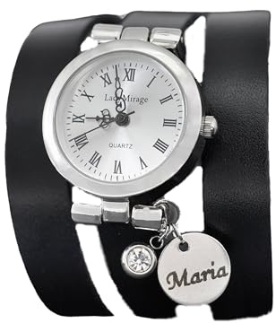 Personalisierte Damen Armbanduhr - Schwarz Echtleder Wickelarmband mit Namensgravur und Geburtsstein - Individuelles Handmade Schmuck-Geschenk - Geschenkbox Inklusive - Mama Geschenke - Muttertag