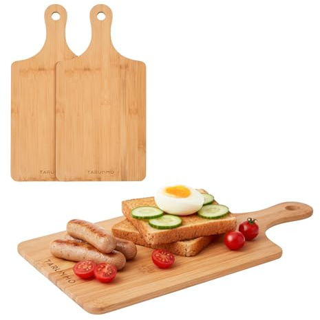 TARUNMO Bamboo Chopping Boards Set of 3, Lightweight Wooden Serving Boards with Handle, 40 x 20 cm Overall Size, Paddle Boards for Bread, Cheese, Fruit, Pizza, Charcuterie and Light Kitchen Prep