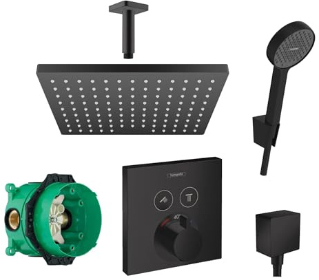 Hansgrohe Duschsystem Unterputz mit Duscharmatur Hansgrohe schwarz HGSK06 | Duscharmatur von Hansgrohe Shower Select Thermostat Armatur und Hansgrohe Regendusche Duschkopf eckig, Dusch-SET schwarz