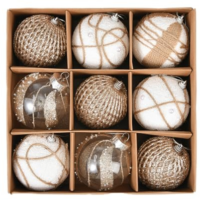 M&W DasDesign Weihnachtskugeln Weihnachtsbaumkugeln Weihnachtskugeln Plastik weiß 9erSet 8cm 3 Designs, jeweils 3 Stück Goldglänzenden Akzenten