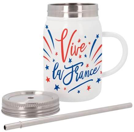 Mug Isotherme en Inox avec Couvercle et Paille - Vive La france Feu d'Artifice Paris Bleu Blanc Rouge Foot - 500 ml - Tasse Thermo