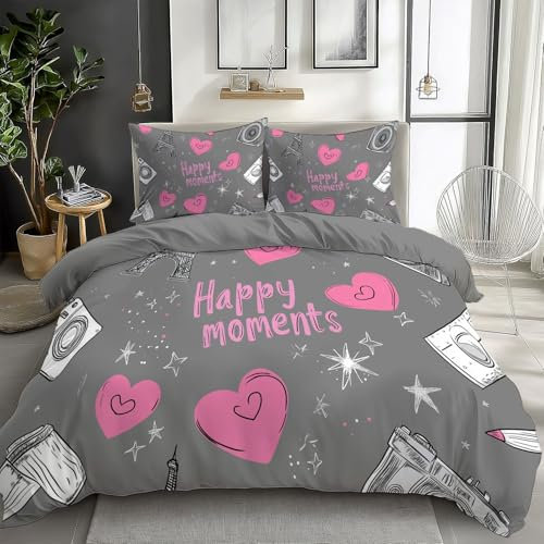 Set Copripiumino con Stampa Fotocamera a Forma di Cuore Griglia Graffiti 200 x 200 cm, con Chiusura a Cerniera, per Bambino e Adolescenti, Copripiumino con Arte Scarabocchiata + 2 Federe