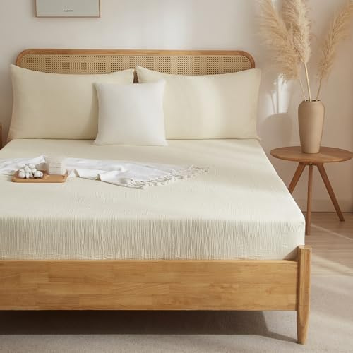 Luofanfei Musselin Spannbettlaken 90x200cm Baumwolle Sommer Beige | Boxspringbett Frottee Topper ÖKO-TEX Bettlaken,Uni weiche und atmungsaktiv Spannbetttücher,für Hohe Matratze bis 25-30 cm