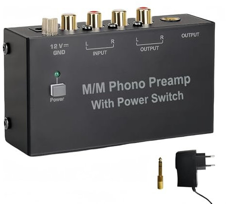 AIFIZO Phono preamplificatore giradischi, giradischi, colore nero, amplificatore stereo con livello, ingresso e uscita RCA, preamplificatore Phono con alimentatore DC 12 V