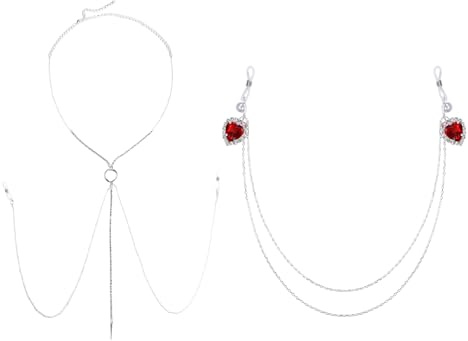 JewelryWe Brustwarzenpiercing Nippelringe mit Halskette Damen Fake Nippelpiercing Nippelklemmen mit Rot Herz Quasten Kette Einstellbar Non Piercing Nippel Ring Sexy Körper Piercing Schmuck