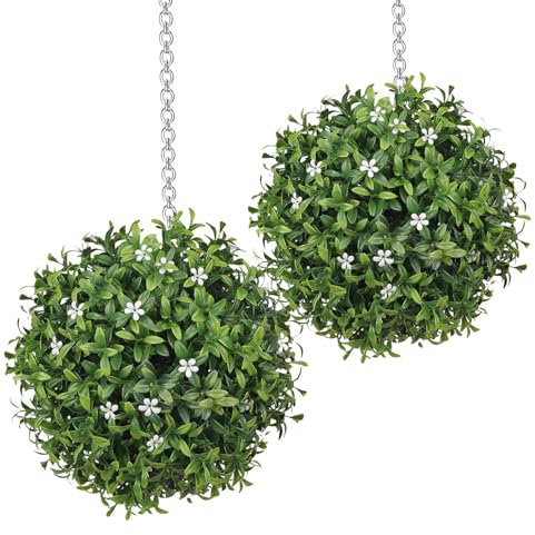 Artificial Boxwood Balls With Flowers, Artificial Plant Boxwood Sphere 2 Pieces Of Simulated Green Plant Grass Ball Flower Ball Shopping Mall Hotel Home Ceiling Decoration Eucalyptus Hanging