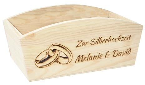 CHICCIE Geschenkkorb Personalisierbar Wunschtext mit Ringen 24x13x8cm Abgerundet Präsentkorb Holz Geschenkidee Holzkiste Hochzeit Verlobung Personalisierung