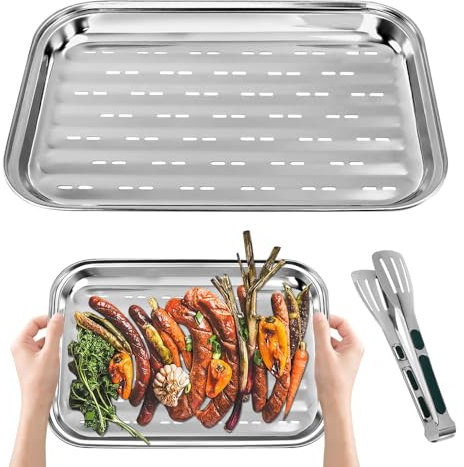 Huucozn 2 Pcs Grilles de Barbecue Acier Inoxydable avec 1 Pince Cuisine Inox, Paniers a Grillades BBQ Grille Panier Poêles à Griller Panier à Légumes Panier à griller avec Trous pour barbecue à gaz