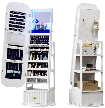 IYUESQ Schmuckschrank mit Spiegel, drehbar, voller Länge, abschließbarer Schmuckschrank mit Schublade, Geschenk für Frauen und Mädchen (weiß)