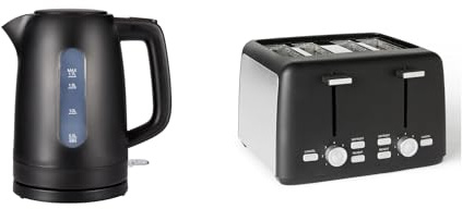 Amazon Basics Electric Kettle 1.7L + 4 SliceToaster with Extra Wide Slots, Matte Black