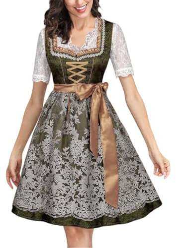 LOSSLO Dirndl Damen Midi Dirndlkleid Damen Modern Grün Trachtenkleid Dirndl Schürze Elegant Trachten Kleid Trachtenmode Bayerisches Kostüm für Oktoberfest Karneval S - 5XL