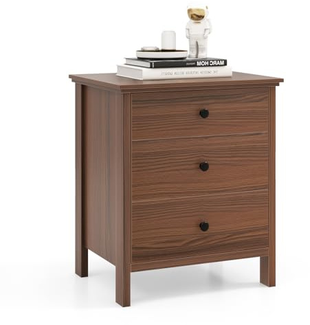 GIANTEX Table de Chevet, Chevet de Lit Moderne, 3 Tiroirs de Rangement Spacieux, 1 Grand Plateau, Effet Bois, Pieds Solides,Table de Nuit pour Salon, Chambre, Bureau, 56 x 45 x 66 cm, Noyer