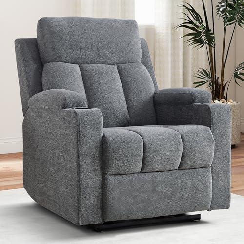 Simore Manueller Relaxsessel mit Liegefunktion und Getränkehalter, Fernsehsessel mit Fußstütze und weicher Kopfstütze, bis 150 kg Belastbar, TV-Sessel für Wohnzimmer, Dunkelgrau