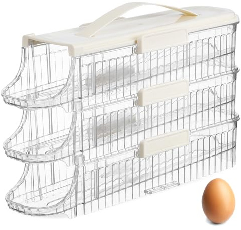 HAMPPLIES Organizador de Huevos para Frigorífico Transparente con Dispensador Rodante Caja Apilable de Soporte Portátil con Asa para Almacenamiento Seguro Cocina y Nevera