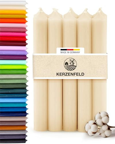 Premium Stabkerzen Creme durchgefärbt, 10 Stück, 180mm x 22mm Tafelkerzen | Made in Germany, Lange Brenndauer 8+ Stunden - Bunte Spitzkerzen Ohne Tropfen & Rußen - RAL-Zertifizierte Haushaltskerzen