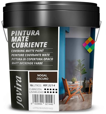 JOVIRA PINTURAS Pintura Mate Cubriente | Colores | Pintura interior-exterior con excelente poder cubriente. (15 Litros, Nogal Oscuro)-T