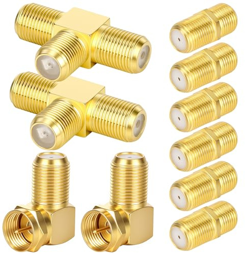 10 Stück F-Stecker Set Vergoldete 6 F-Verbinder 2 90-Grad-Winkeladapter 2 T-Splitter für TV Satelliten Antenne Koaxialkabel Verlängerung