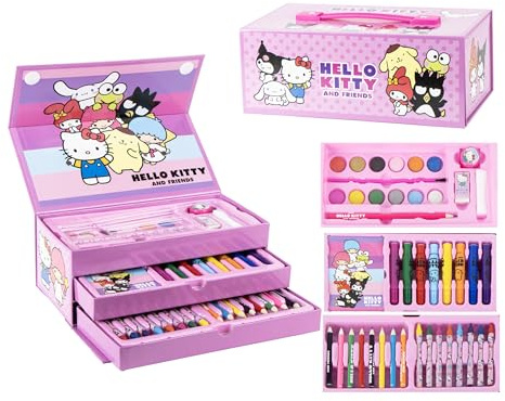 Kinder Malkoffer, 68-teilig, Paw Patrol, Gabby's Dollhouse, Spiderman, Eiskönigin, Stitch, Hello Kitty, Malset mit Buntstifte, Filzstifte, Wasserfarben, Geschenk für Jungen & Mädchen (Hellrosa)