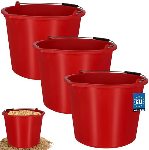 KOTARBAU Set of 3 construction buckets - 20 L - mortar bucket - plastic bucket - cleaning bucket with spout and handle - red - tool bucket - round - construction bucket