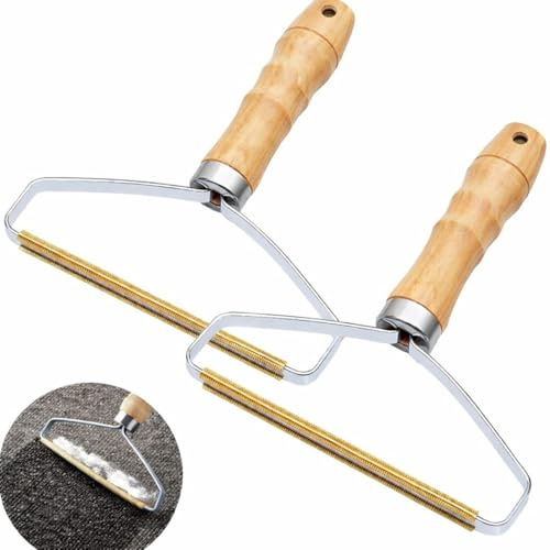 2 Pack Lint Remover for Clothes & Carpets, Reusable Pet Hair Remover, Manual Fabric Shaver & Fuzz Cleaner with Wooden Handle, Portable Lint Roller for Sofa, Rugs & Clothing