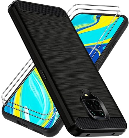 Oelrstfe Funda para Xiaomi Redmi Note 9S / Redmi Note 9 Pro con 2 Piezas Cristal Templado, [Protección Militar] Carcasa Protectora Antigolpes, Fina Suave TPU Silicona Caso Anti-Choques Case, Negro