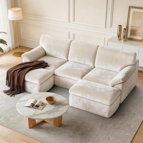 Hamlody Cloud Sofa Modulares 2,4m U-Form | Komprimiertes Sofa Ohne Montage, 380g Velvet Snow Velvet (Chenille) & High Resilience Foam, Set mit 3 Sitzplätzen + 2 Ottomanen, Beige