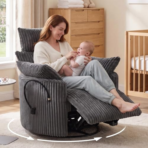 DEKKETO Fauteuil Relax Pivotant 360°, Inclinable & Basculant, Gris | Manuel, Velours Côtelé, Zéro Gravité, Support Téléphone, Dossier Réglable, Appuie-tête, pour Salon, Chambre Bébé, Home Cinéma