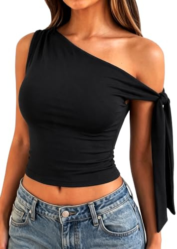 HAWILAND Women Tie Off The Shoulder Crop Tank Top Y2K Asymmetrical Vest Top | One Shoulder Sleeveless Shirts, Going Out Rave Party Club Festival Cropped Tops