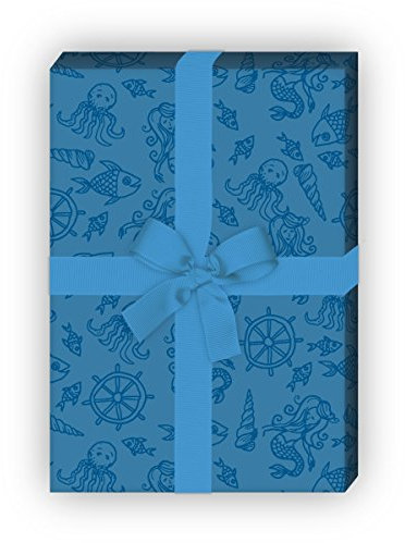 Kartenkaufrausch Blaues Meerjungfrauen Geschenkpapier Set mit Fischen, Muscheln und Tintenfischen als edle Geschenk Verpackung, Designpapier, scrapbooking, 4 Bogen, 32 x 48cm