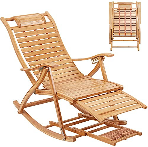 FATIVO Gartenliege Holz Sonnenliege Outdoor Schaukelstuhl, Liegestuhl verstellbar Holzliegen Wetterfest Gartenmöbel Klappbar Bambus Schaukelliege Ergonomisch mit Armlehne, Fußstütze und Fußmassage